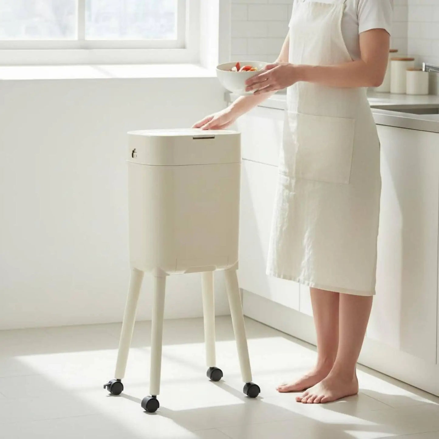 Tall Trash Can with Legs No-Bend Design Elevated Garbage Can on Wheels Rolling Waste Bin with Lid Large Capacity for Living Room