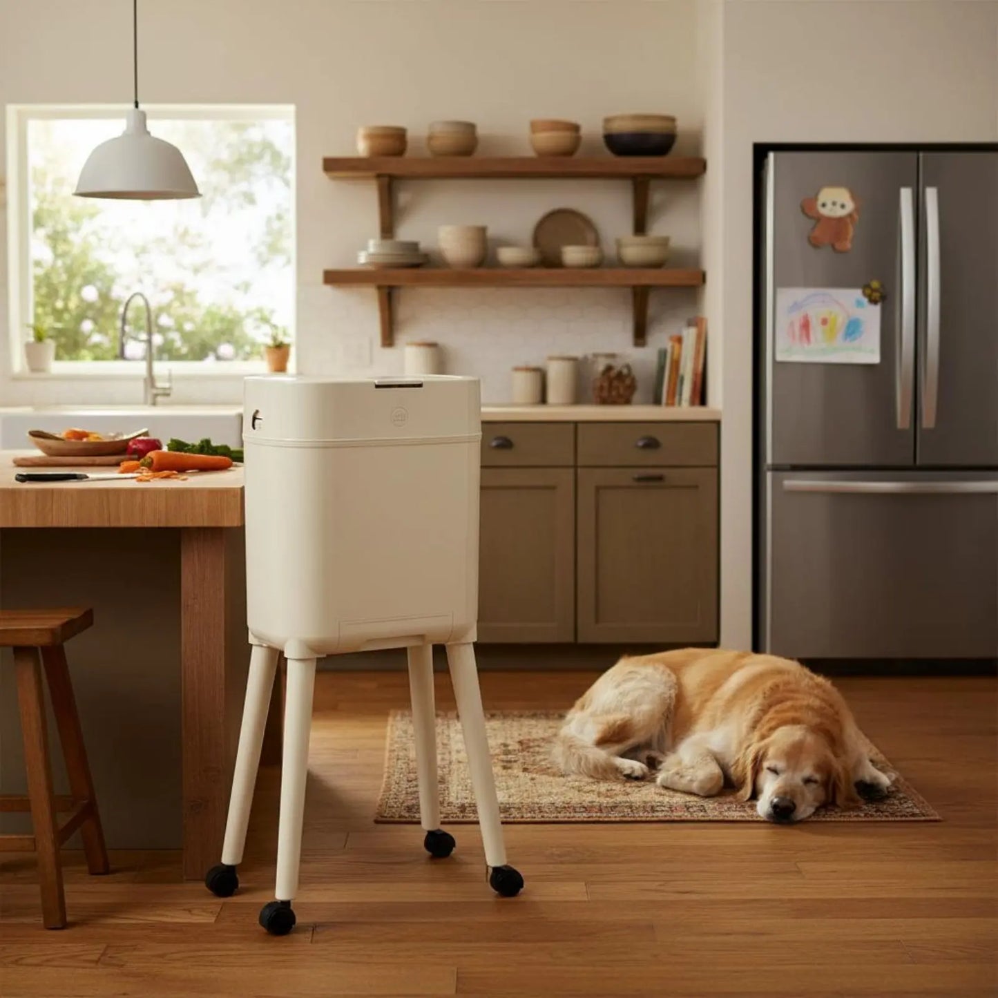 Tall Trash Can with Legs No-Bend Design Elevated Garbage Can on Wheels Rolling Waste Bin with Lid Large Capacity for Living Room