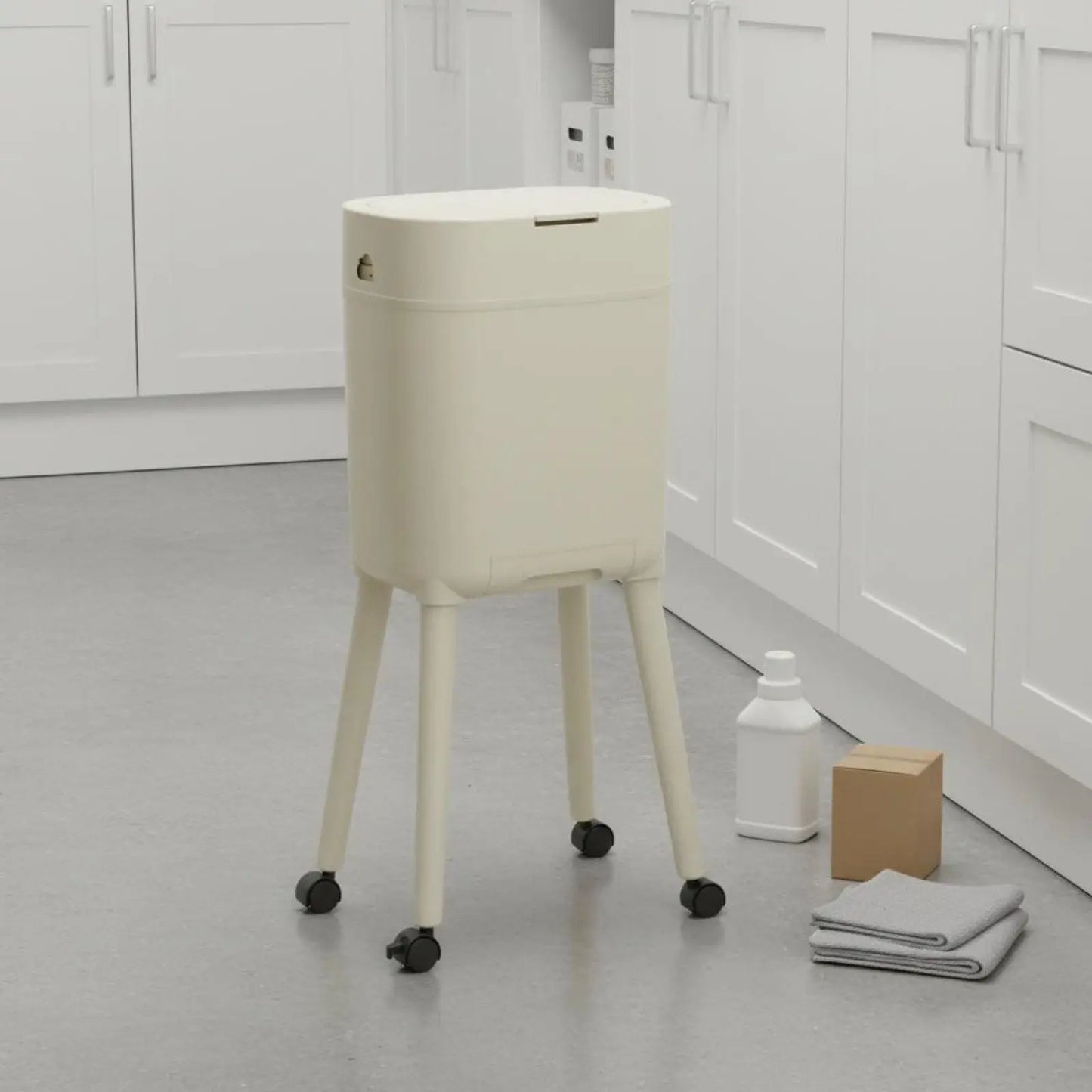 Tall Trash Can with Legs No-Bend Design Elevated Garbage Can on Wheels Rolling Waste Bin with Lid Large Capacity for Living Room