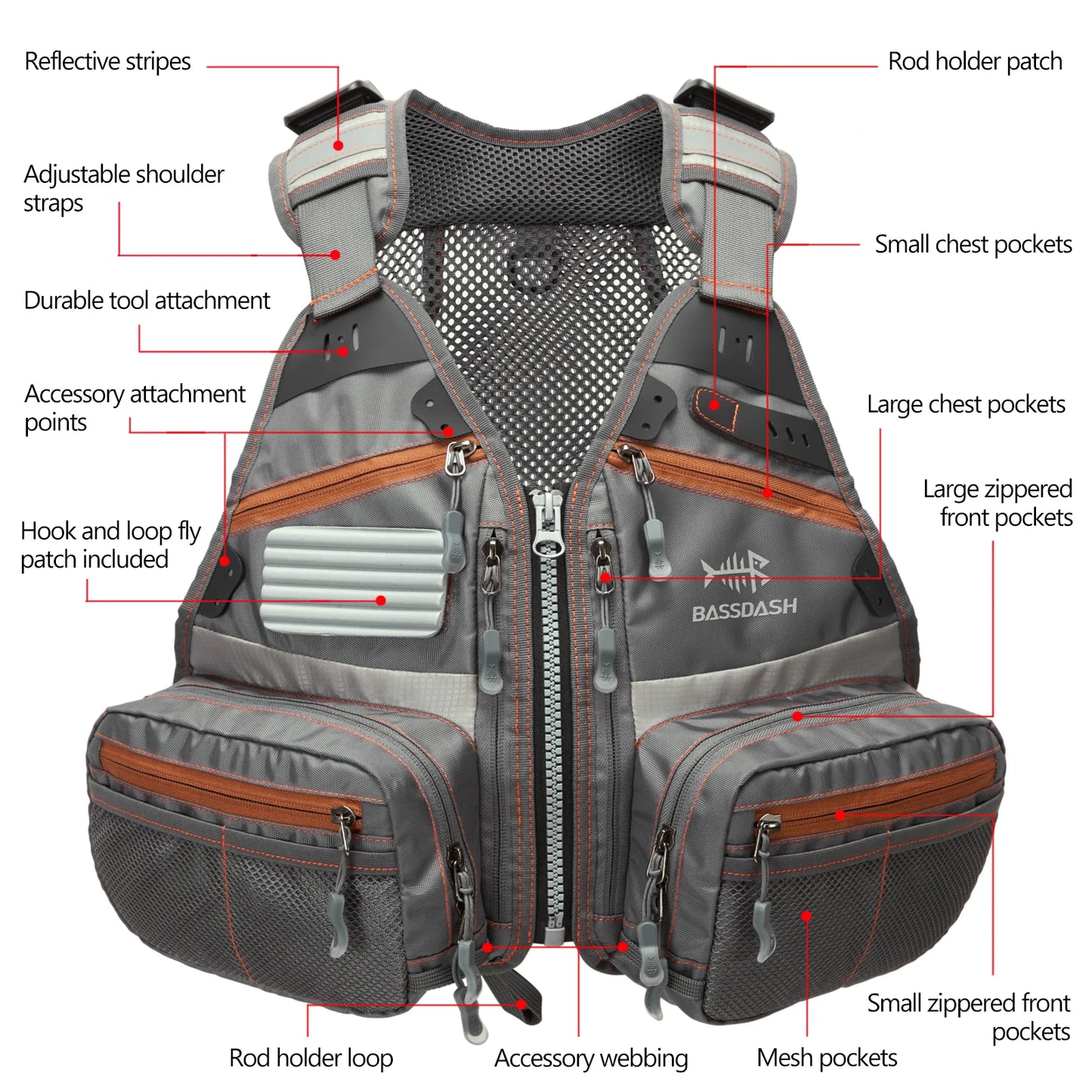 Bassdash FV09 Fly Fishing Vest for Youths Kids Adjustable Size with Multiple Pockets Trout Bass Fishing Gear