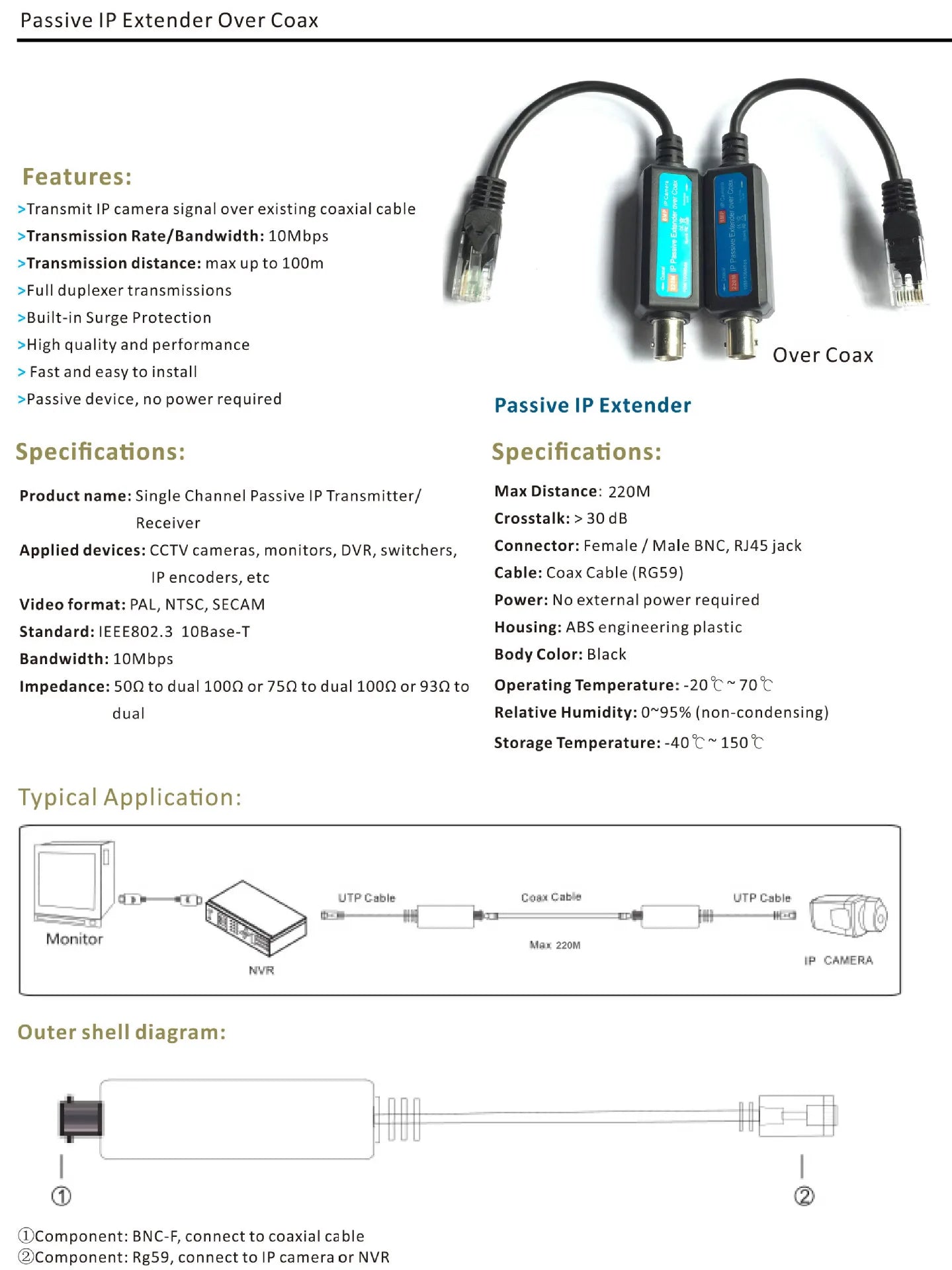 IP POE Passive Extender Over Coax 10/100Mbps Transmitter IP to Coaxial Receiver Transmission Cables For IP Network Camera