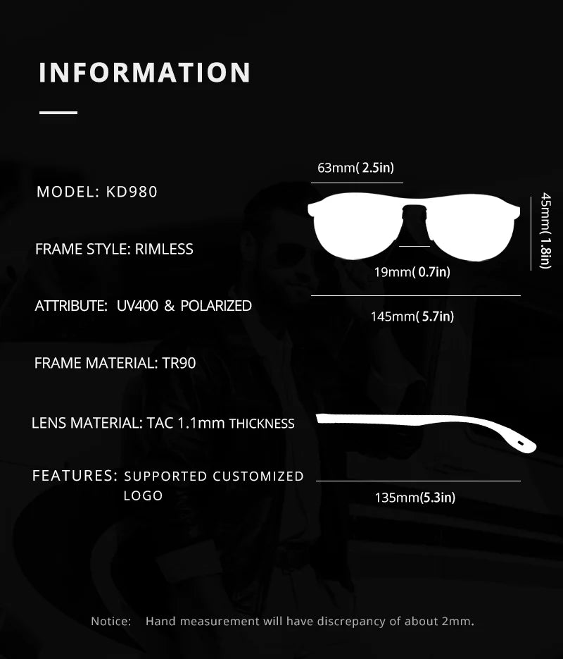 KDEAM Rimless Oval Men's Sunglasses Polarized TR90 Material Frame TAC Polarization Lense Soft Rubber Foot Cover