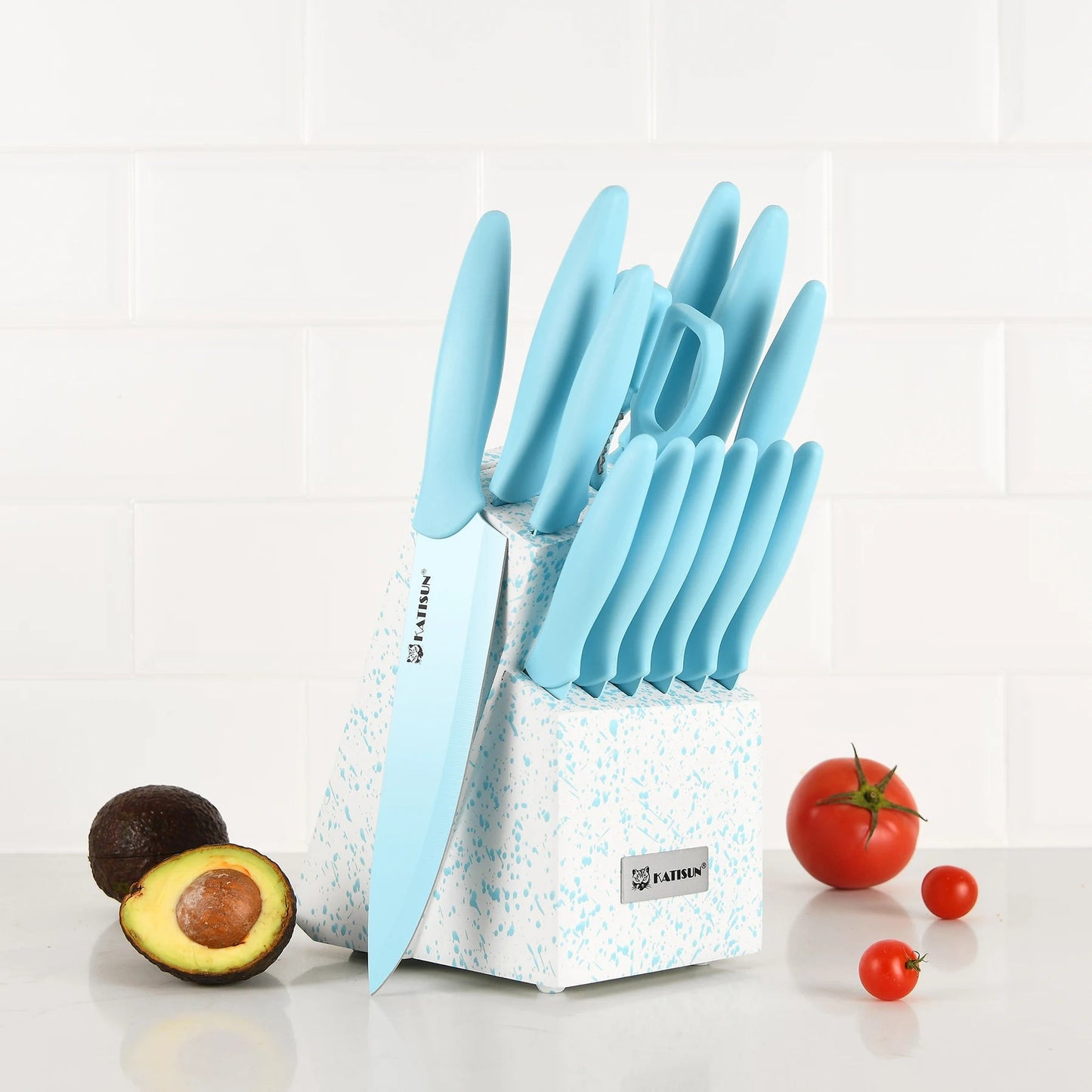 14 Pieces Blue Coding High Carbon Steel Blade, No Rust, and Super Sharp Knife Set with Wooden Stand and Kitchen Scissors WardBoyzPROShop