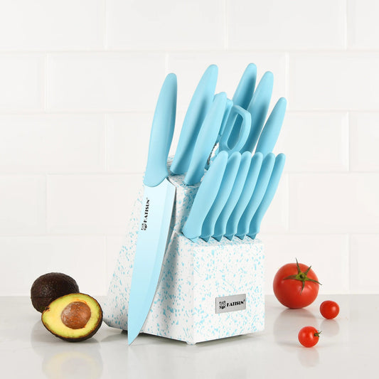 14 Pieces Blue Coding High Carbon Steel Blade, No Rust, and Super Sharp Knife Set with Wooden Stand and Kitchen Scissors WardBoyzPROShop