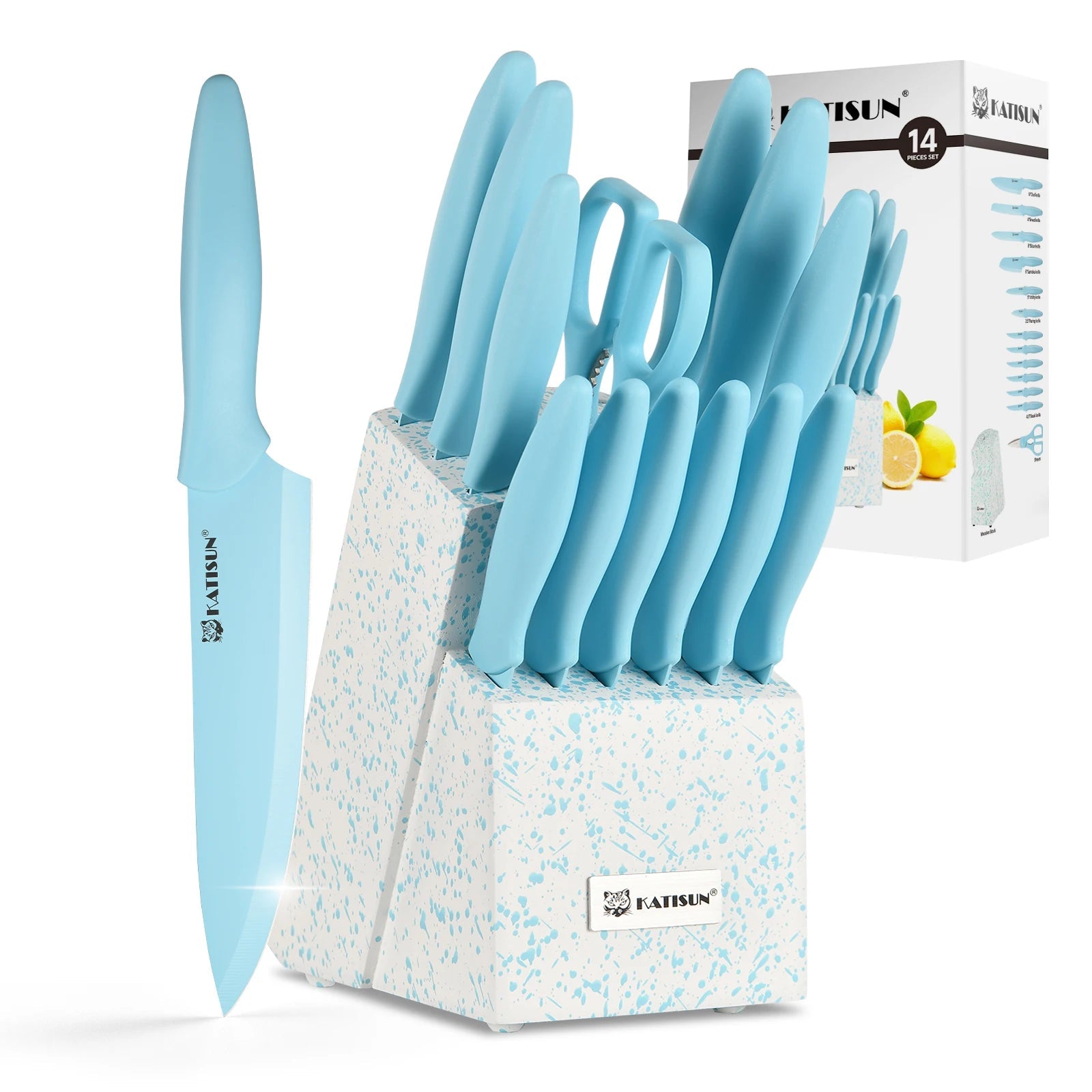 14 Pieces Blue Coding High Carbon Steel Blade, No Rust, and Super Sharp Knife Set with Wooden Stand and Kitchen Scissors WardBoyzPROShop