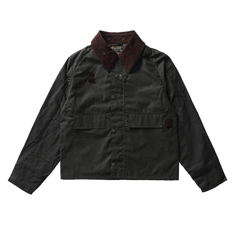 GDDQSDC Hunting Oil Wax Jacket Unisex Fly Fishing Jacket Loose Short Profile Lapel Vintage Tooling Top