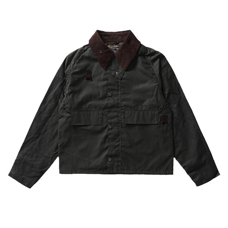 GDDQSDC Hunting Oil Wax Jacket Unisex Fly Fishing Jacket Loose Short Profile Lapel Vintage Tooling Top