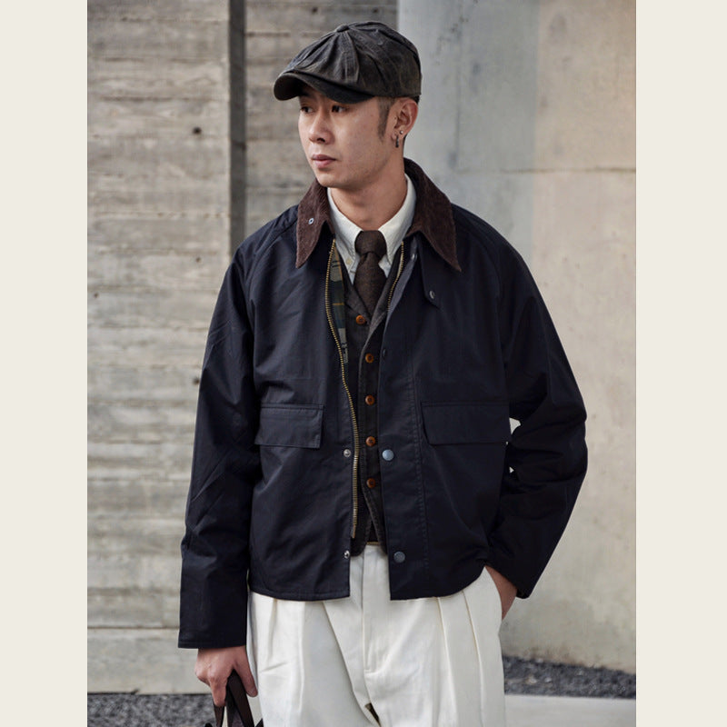 GDDQSDC Hunting Oil Wax Jacket Unisex Fly Fishing Jacket Loose Short Profile Lapel Vintage Tooling Top