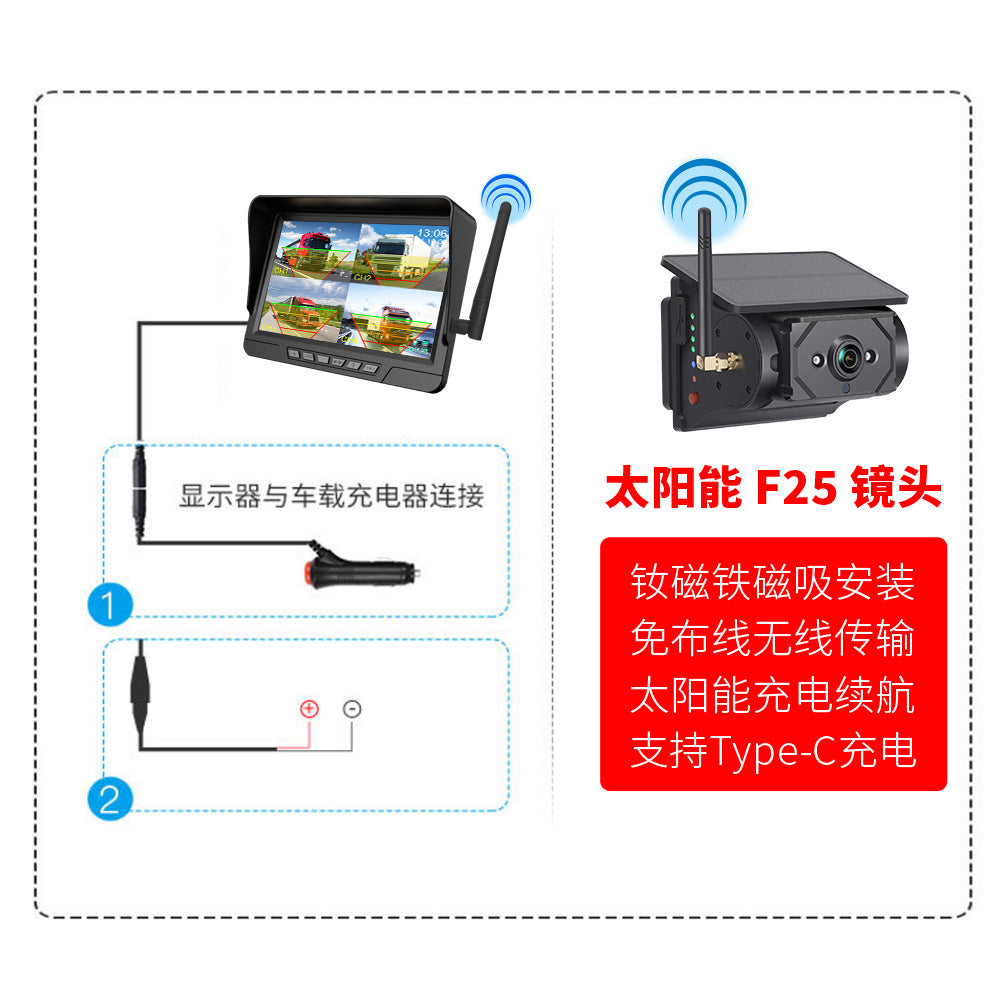 Rv-Specific Reversing Camera, Solar-Powered Wireless Camera, 7inch Display Screens, Blind Spot Warning, Universal for Trailers