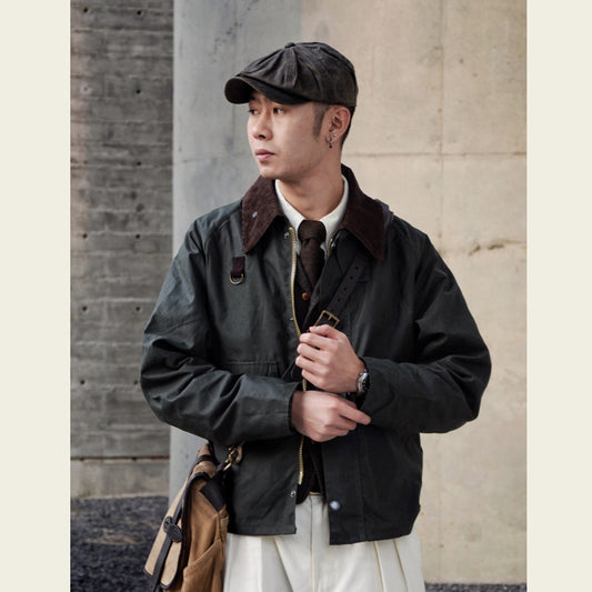 GDDQSDC Hunting Oil Wax Jacket Unisex Fly Fishing Jacket Loose Short Profile Lapel Vintage Tooling Top