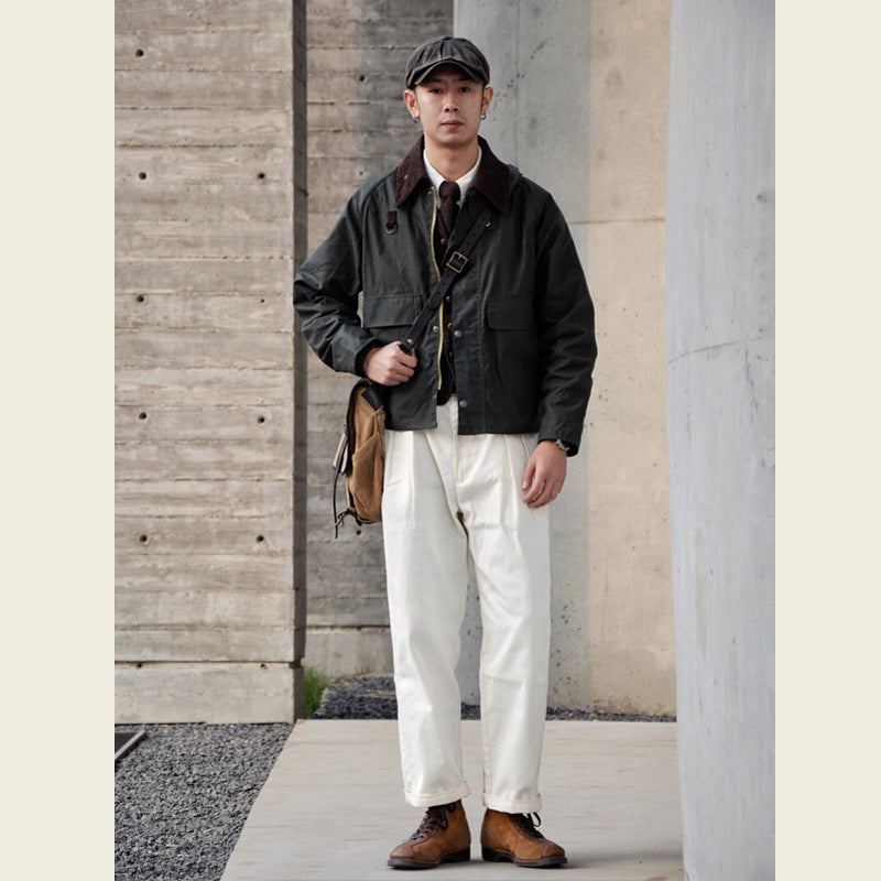 GDDQSDC Hunting Oil Wax Jacket Unisex Fly Fishing Jacket Loose Short Profile Lapel Vintage Tooling Top