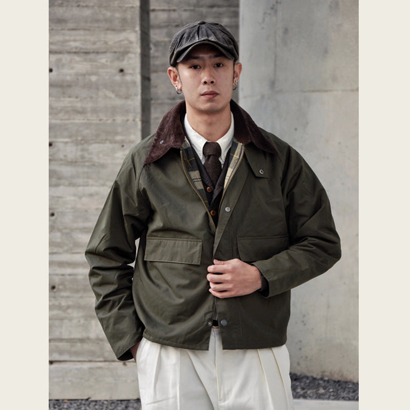 GDDQSDC Hunting Oil Wax Jacket Unisex Fly Fishing Jacket Loose Short Profile Lapel Vintage Tooling Top