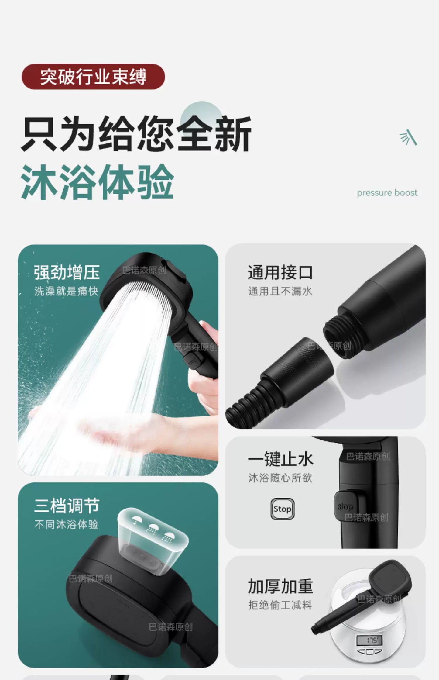 New 3 Modes High Pressure Shower Head Water Saving Shower Adjustable One-Key Stop Water Massage Sprayer Bathroom Accessories