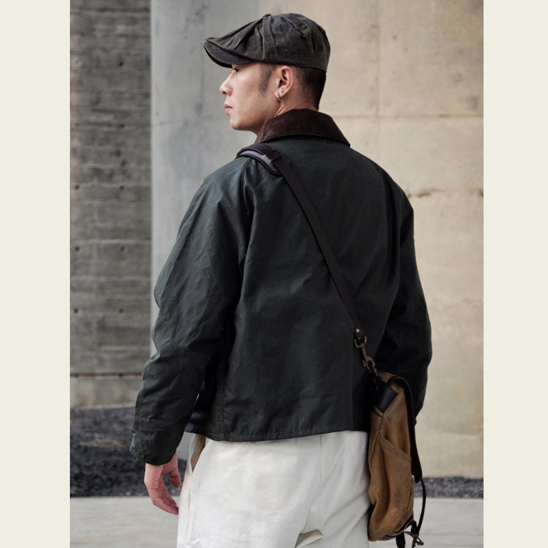 GDDQSDC Hunting Oil Wax Jacket Unisex Fly Fishing Jacket Loose Short Profile Lapel Vintage Tooling Top