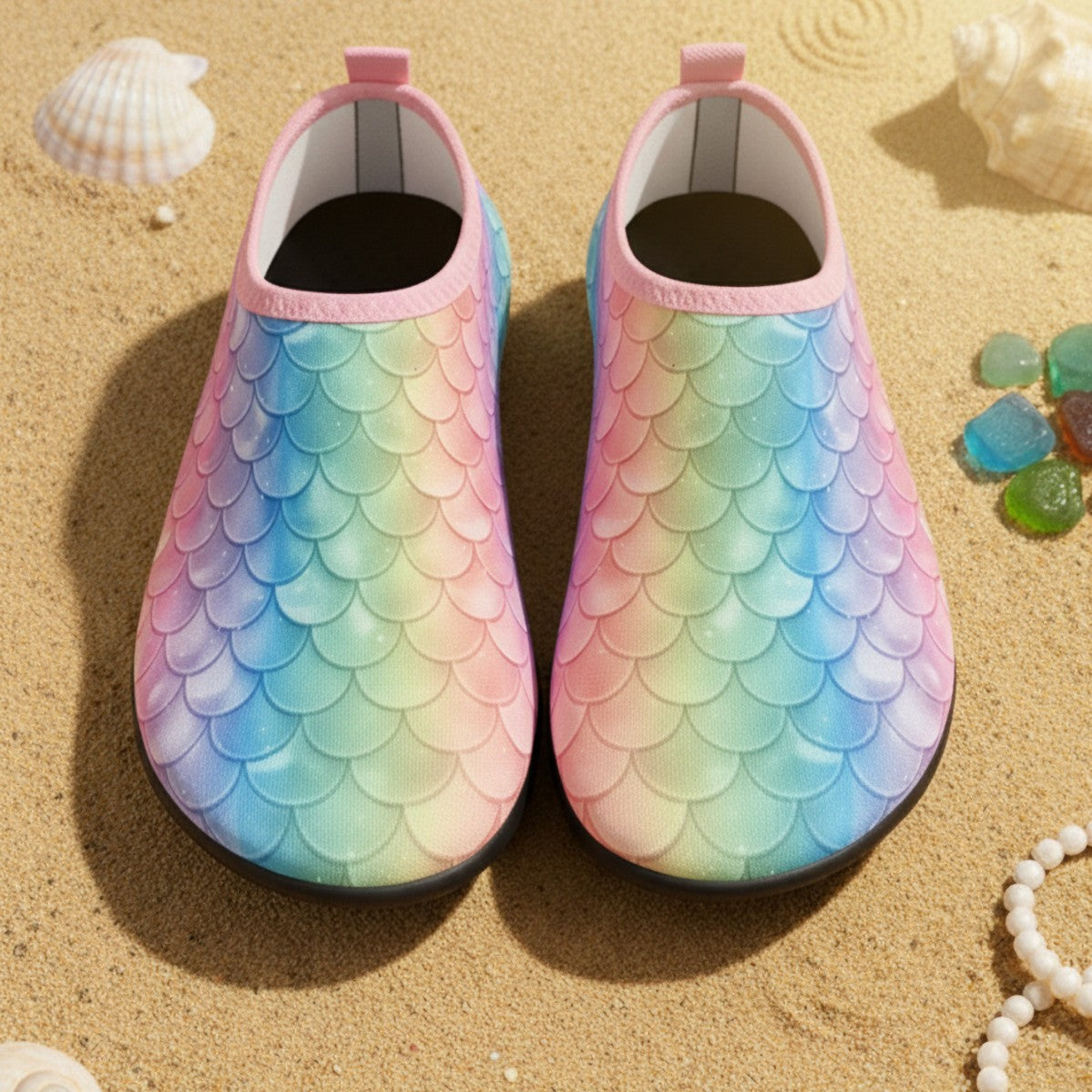 Cross-Border New Children's Fish Scale Colorful Sole Beach Shoes, Non-Slip Soft Sole, Quick-Drying Printed Outdoor Water Shoes for River Tracing