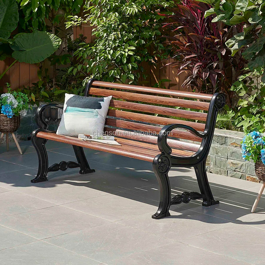 Modern 2-Seater Outdoor Plastic Wood Garden Bench Patio Park Bench Yard Seating with Metal Bench