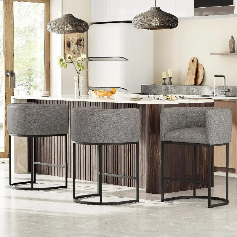 26" H Counter Height Bar Stools Modern Barrel Counter Stools with Backrest and Arms, Linen Fabric Upholstered Accent Barstools