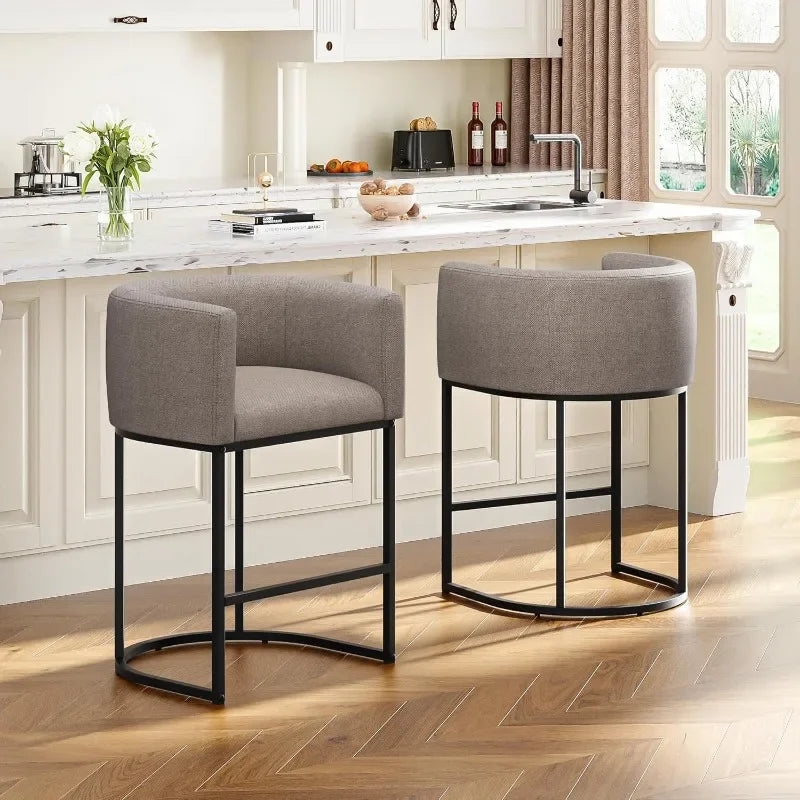 26" H Counter Height Bar Stools Modern Barrel Counter Stools with Backrest and Arms, Linen Fabric Upholstered Accent Barstools