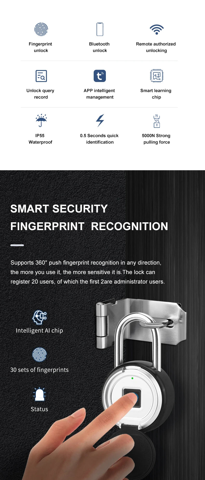 Smart Lock Bluetooth APP Control IP55 Waterproof Rechargeable for Luggage Gym Office Zinc Alloy Anti Theft Padlock