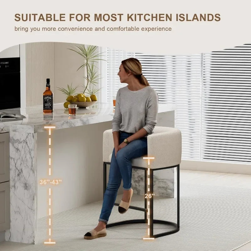 26" H Counter Height Bar Stools Modern Barrel Counter Stools with Backrest and Arms, Linen Fabric Upholstered Accent Barstools