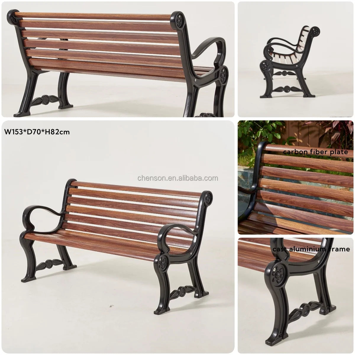 Modern 2-Seater Outdoor Plastic Wood Garden Bench Patio Park Bench Yard Seating with Metal Bench