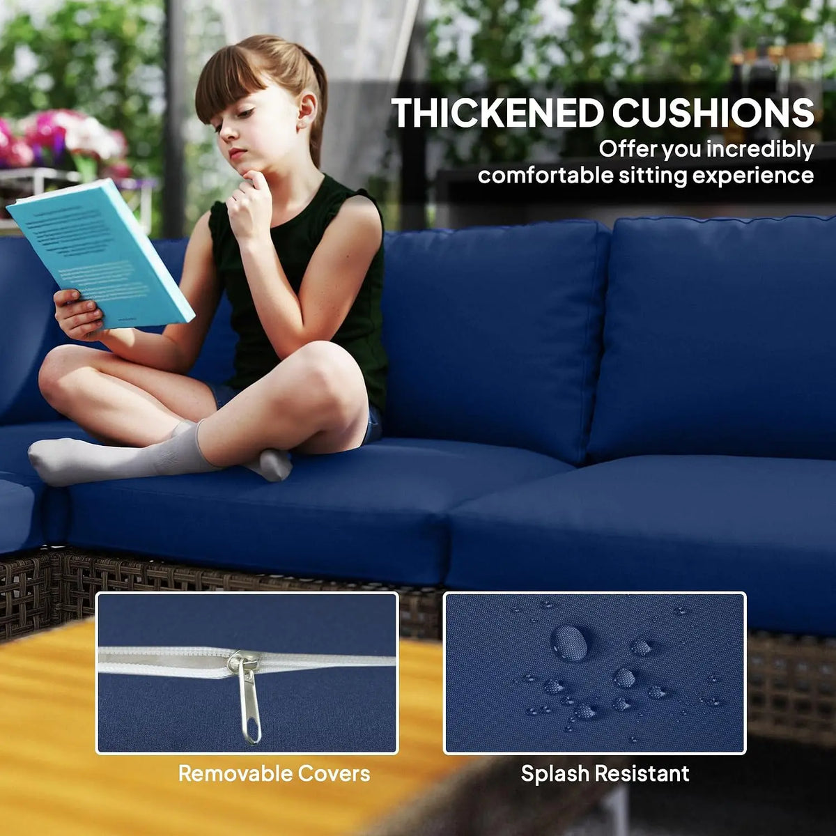 7 Piece Wicker Patio Furniture Set Modular Rattan Brown/Dark Blue | Outdoor Sectional, Thickened Cushions, Outdoor, Custom