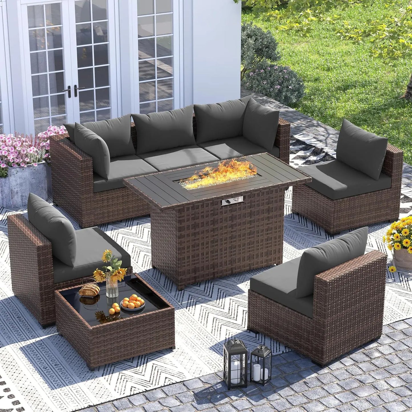 UDPATIO Outdoor Furniture 8-Piece Wicker Patio Set with 44" Fire Pit Table | All-weather Modular Sectional Sofa w/ Coffee Table