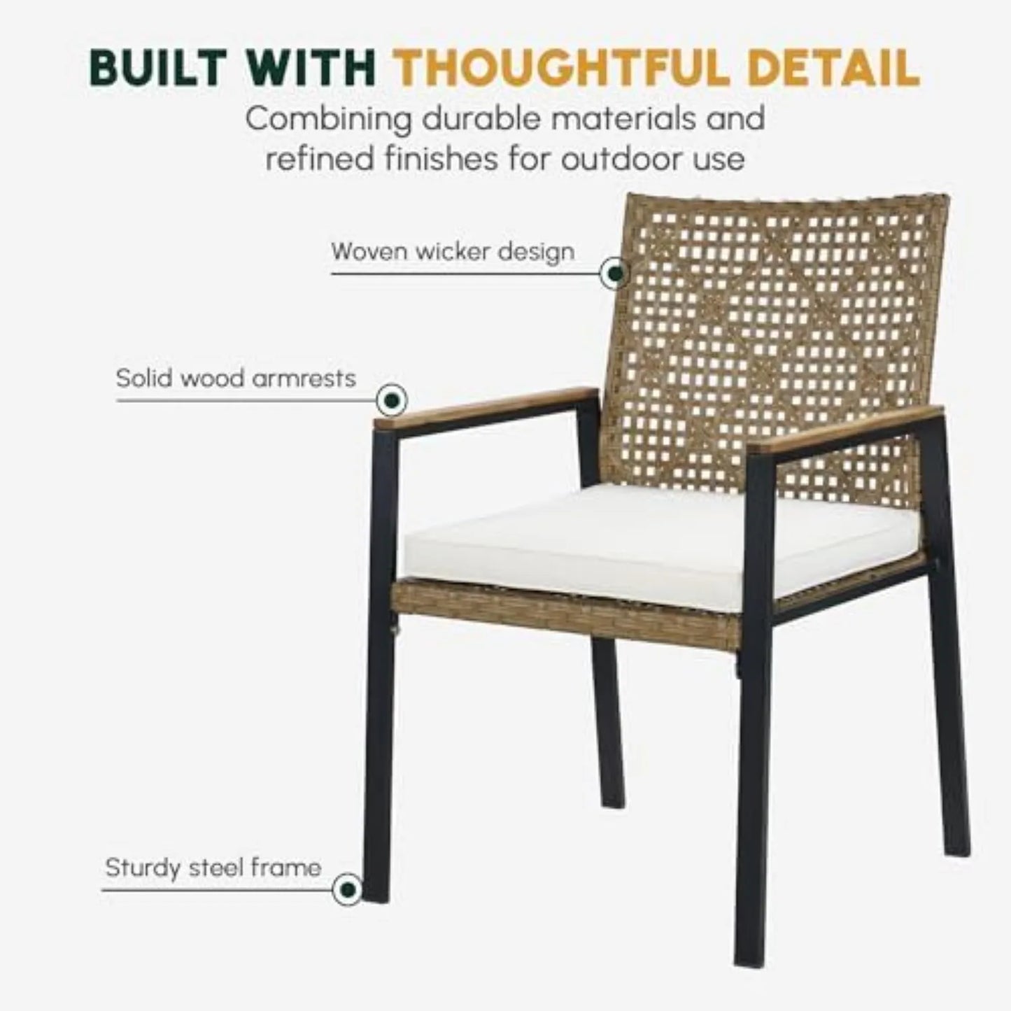 5-Pcs Rattan Patio Furniture Dining Set, Acacia Wood Table, Brown | Metal frame outdoor set with PE rattan cushioned