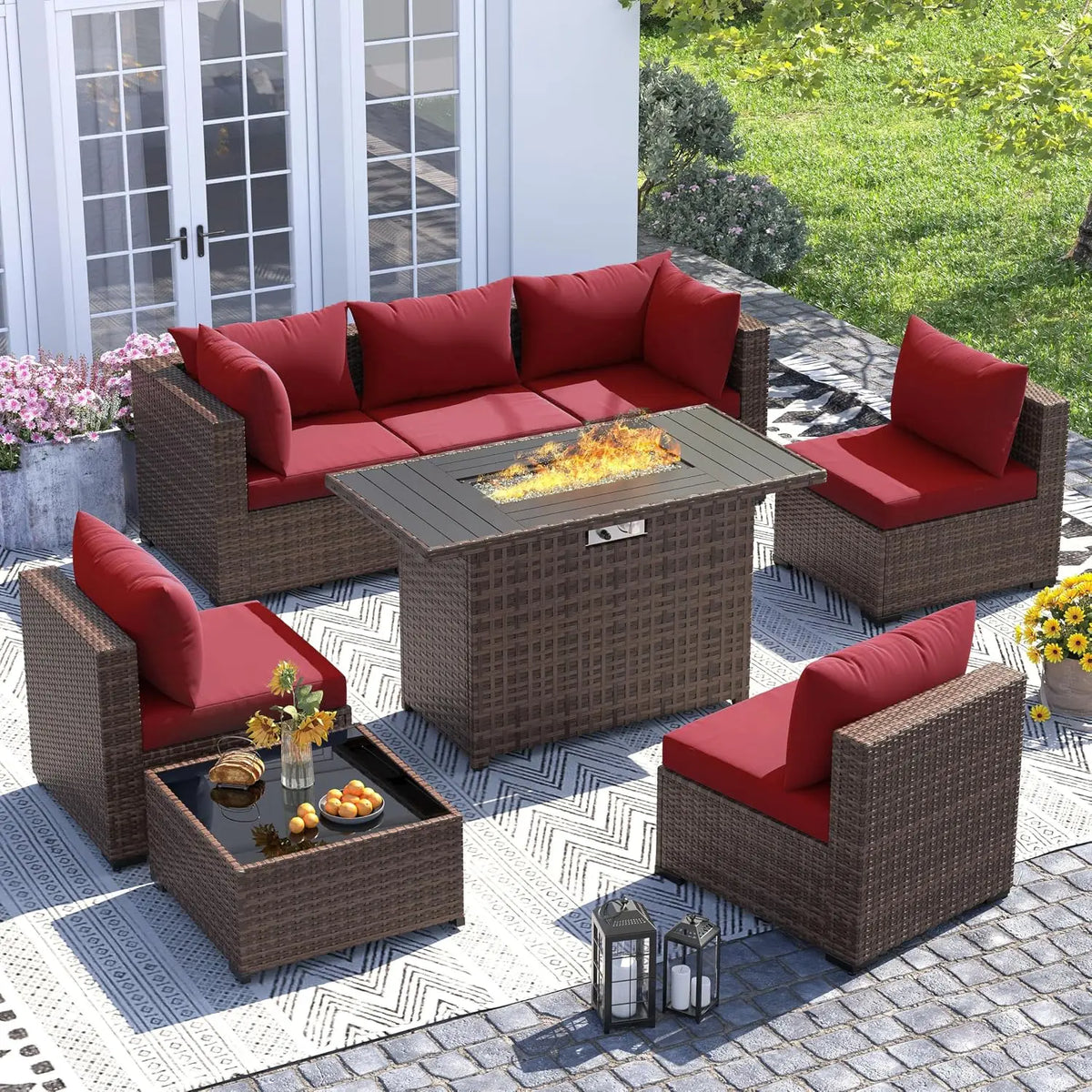 UDPATIO Outdoor Furniture 8-Piece Wicker Patio Set with 44" Fire Pit Table | All-weather Modular Sectional Sofa w/ Coffee Table