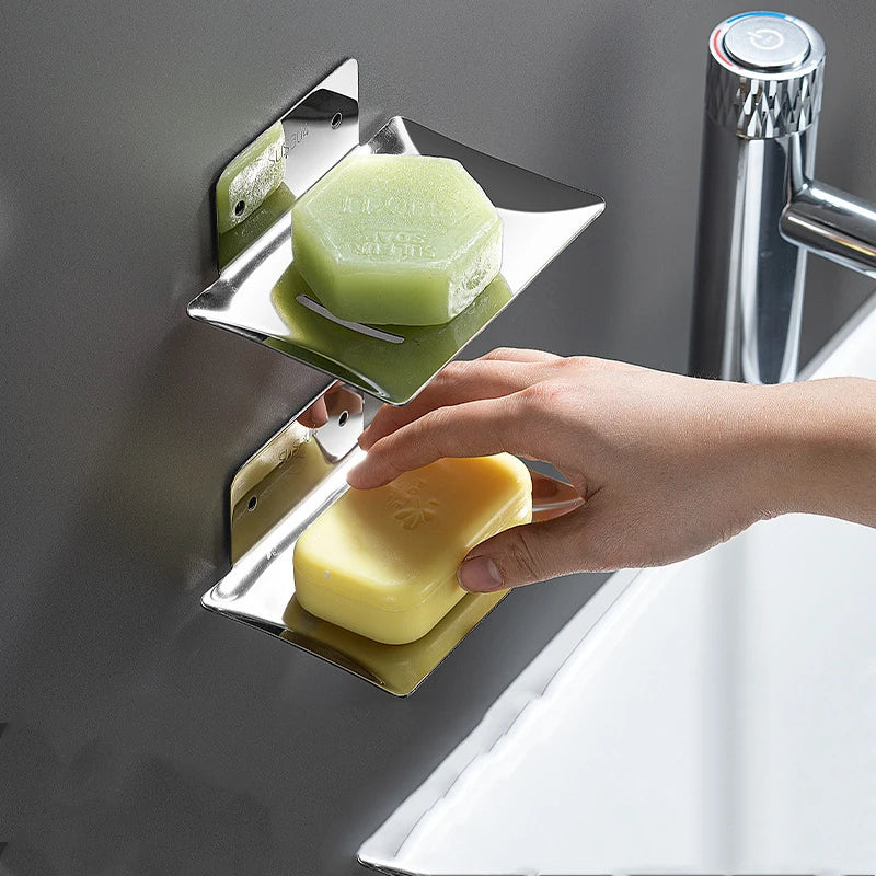 Stainless Steel Soap Holder Bathroom Soap Dish With Drain Water No Drilling Wall Mounted Soap Box Bathroom Accessories