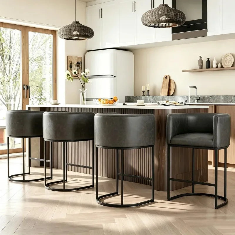 26" H Counter Height Bar Stools Modern Barrel Counter Stools with Backrest and Arms, Linen Fabric Upholstered Accent Barstools