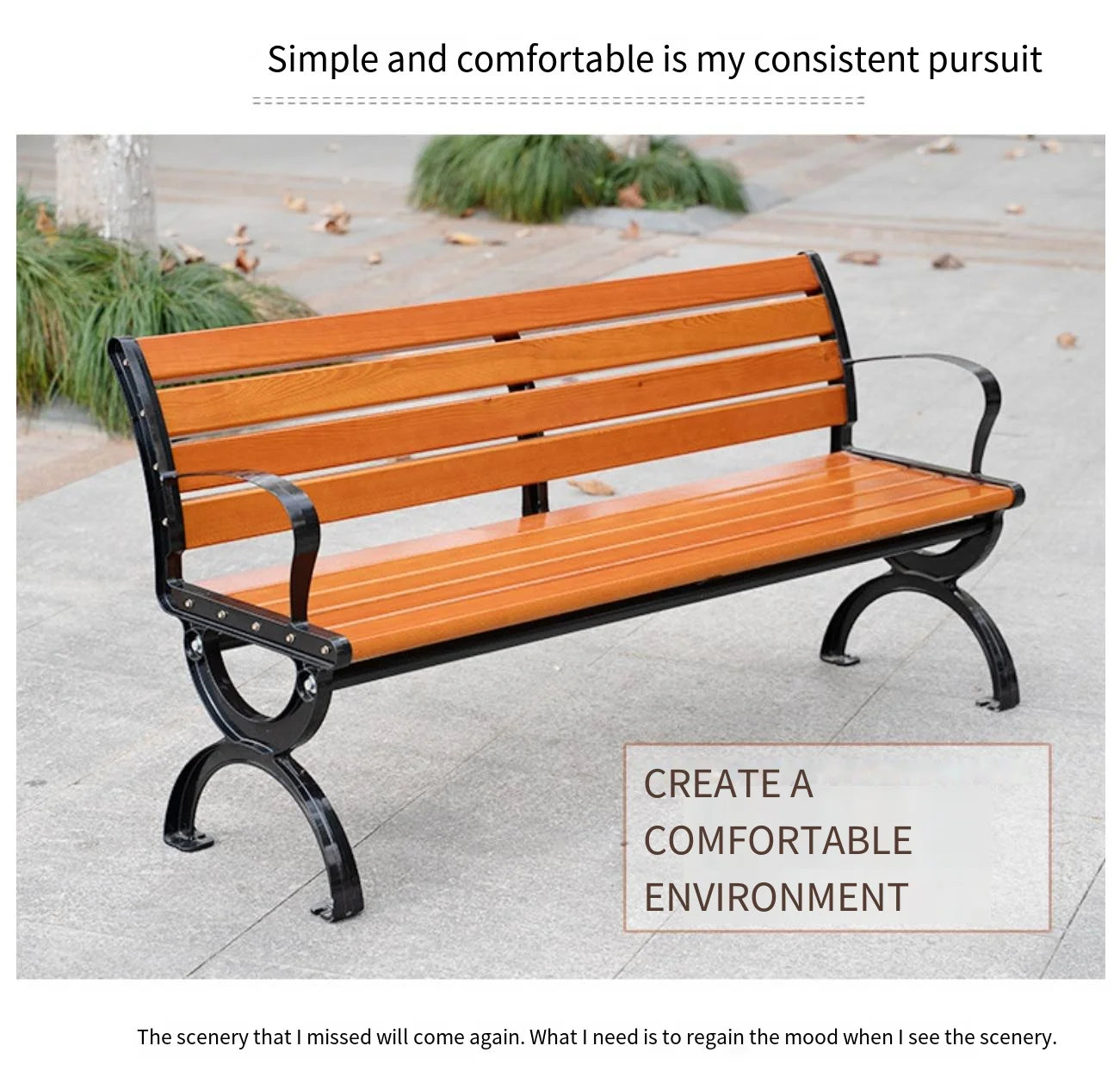 Classic Outdoor Wooden Bench with Durable Cast Iron Frame Weatherproof Garden Park Public Seating for Patio Lawn Landscape Decor