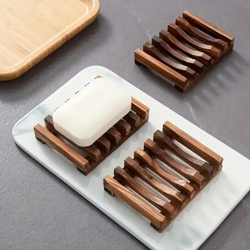 2pcs Sleek Self Draining Wooden Soap Dish for Bathroom Sink Storage