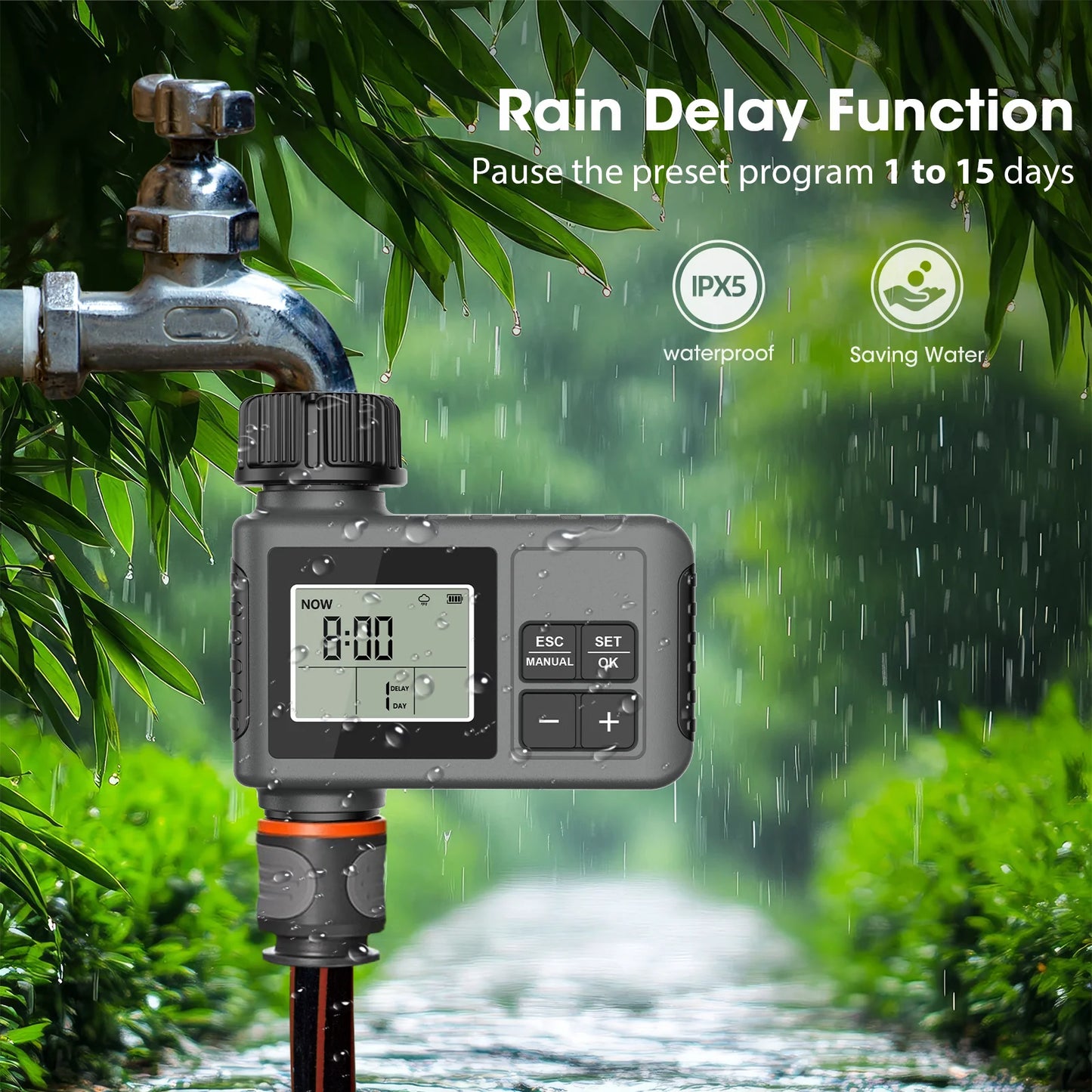 Automatic Garden Water Timer Automatic Irrigation Controller with Large LCD Display, Rain Delay, for Lawn, Yard