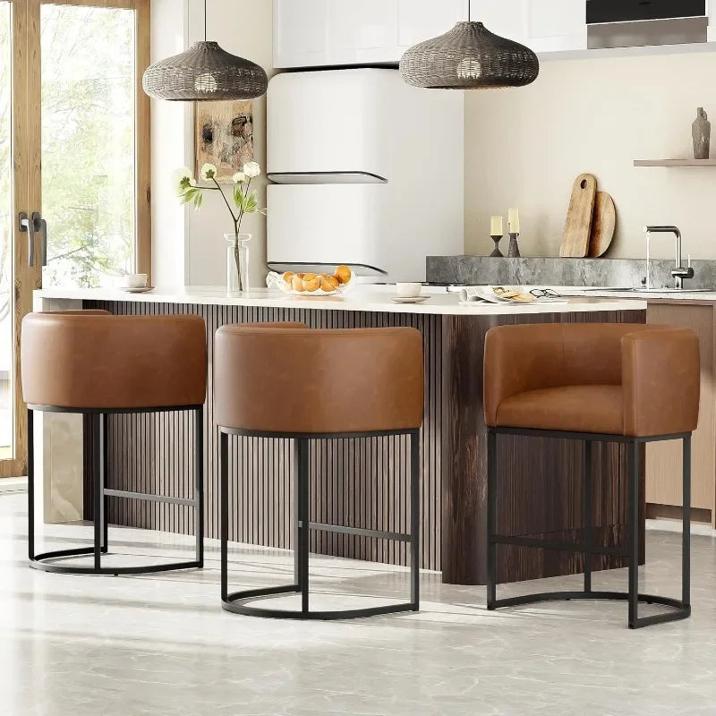 26" H Counter Height Bar Stools Modern Barrel Counter Stools with Backrest and Arms, Linen Fabric Upholstered Accent Barstools