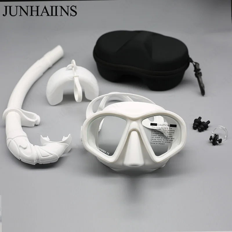 JUNHAIINS Tempered Glass Freediving Mask Snorkeling Set Foldable snorkel J-type Diving Mask with Camera Mount - WardBoyzPROShop