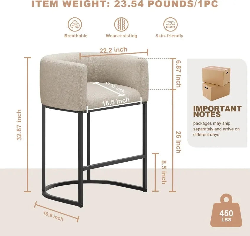 26" H Counter Height Bar Stools Modern Barrel Counter Stools with Backrest and Arms, Linen Fabric Upholstered Accent Barstools