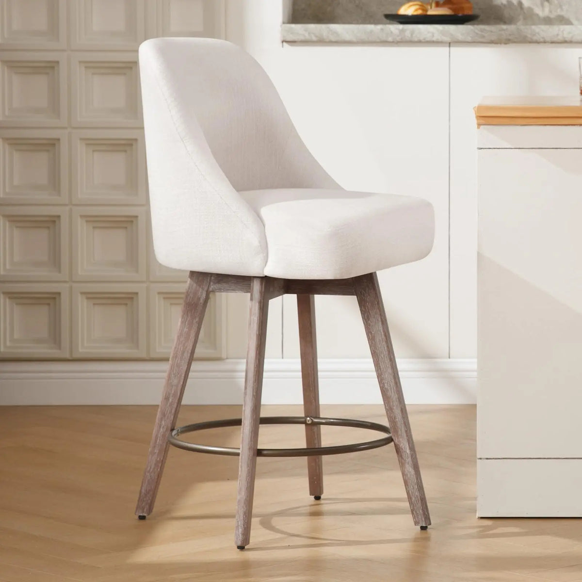 Bekrvio Counter Height Bar Stools Set of 3, Modern Mid-Century Swivel Barstools with Backs and Wood Legs, Linen Fabric