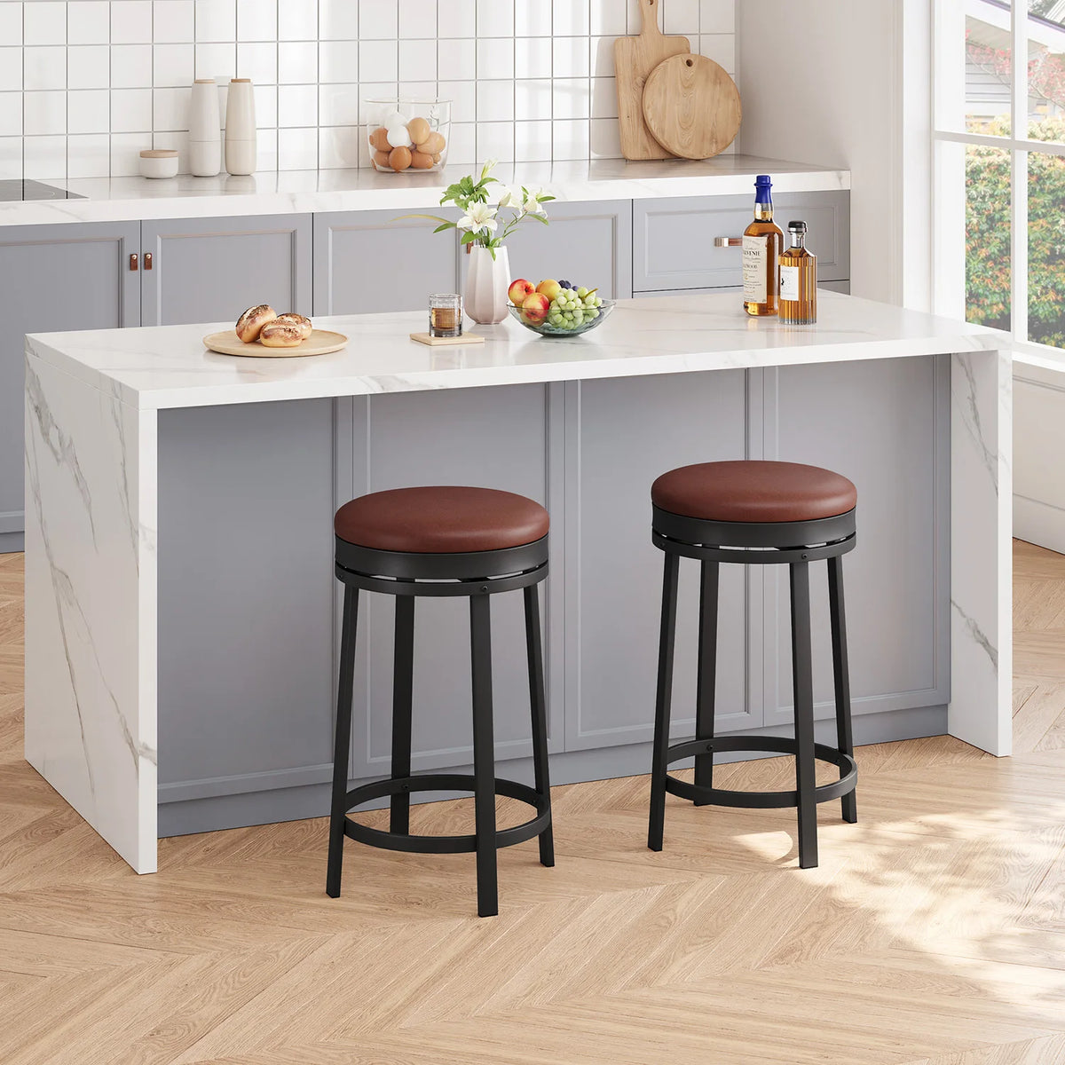24'' Swivel Bar Stools Backless Modern Counter Height Barstools with PU Leather Upholstered and Metal Frame for Kitchen Island