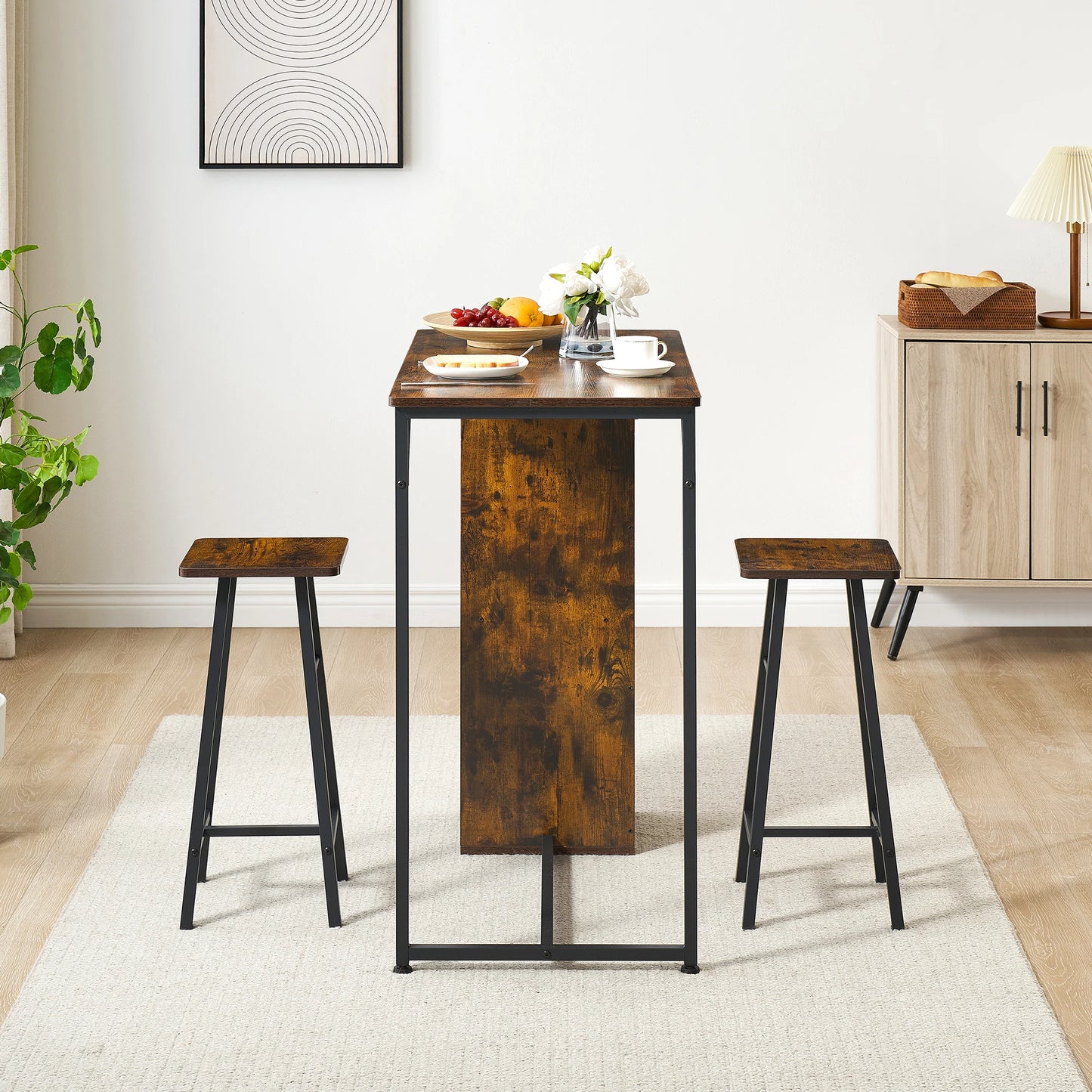 Versatile 3 Piece Dining Table Set with Storage Drawer & 3-Tier Shelf,Counter Height Table and 2 Barstools,Space-Saving