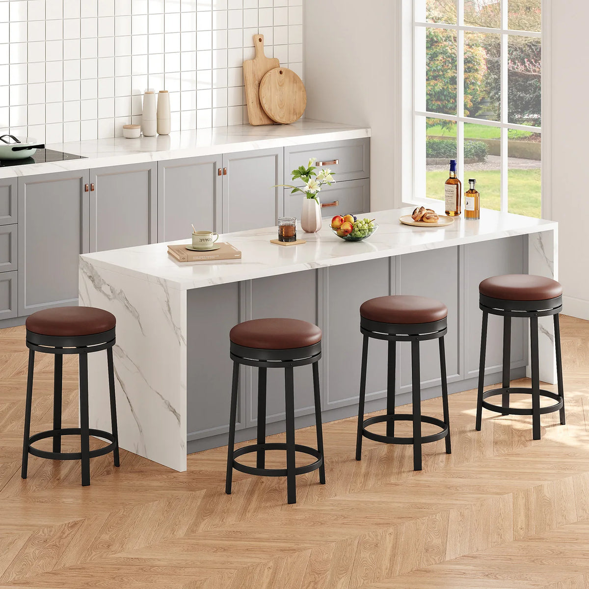 24'' Swivel Bar Stools Backless Modern Counter Height Barstools with PU Leather Upholstered and Metal Frame for Kitchen Island