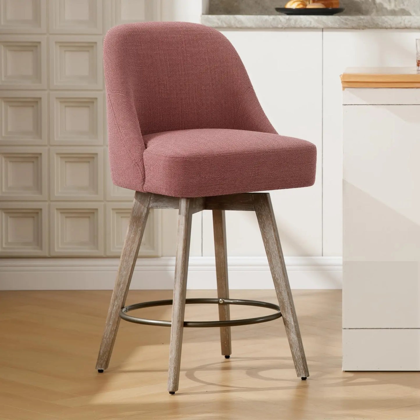 Bekrvio Counter Height Bar Stools Set of 3, Modern Mid-Century Swivel Barstools with Backs and Wood Legs, Linen Fabric