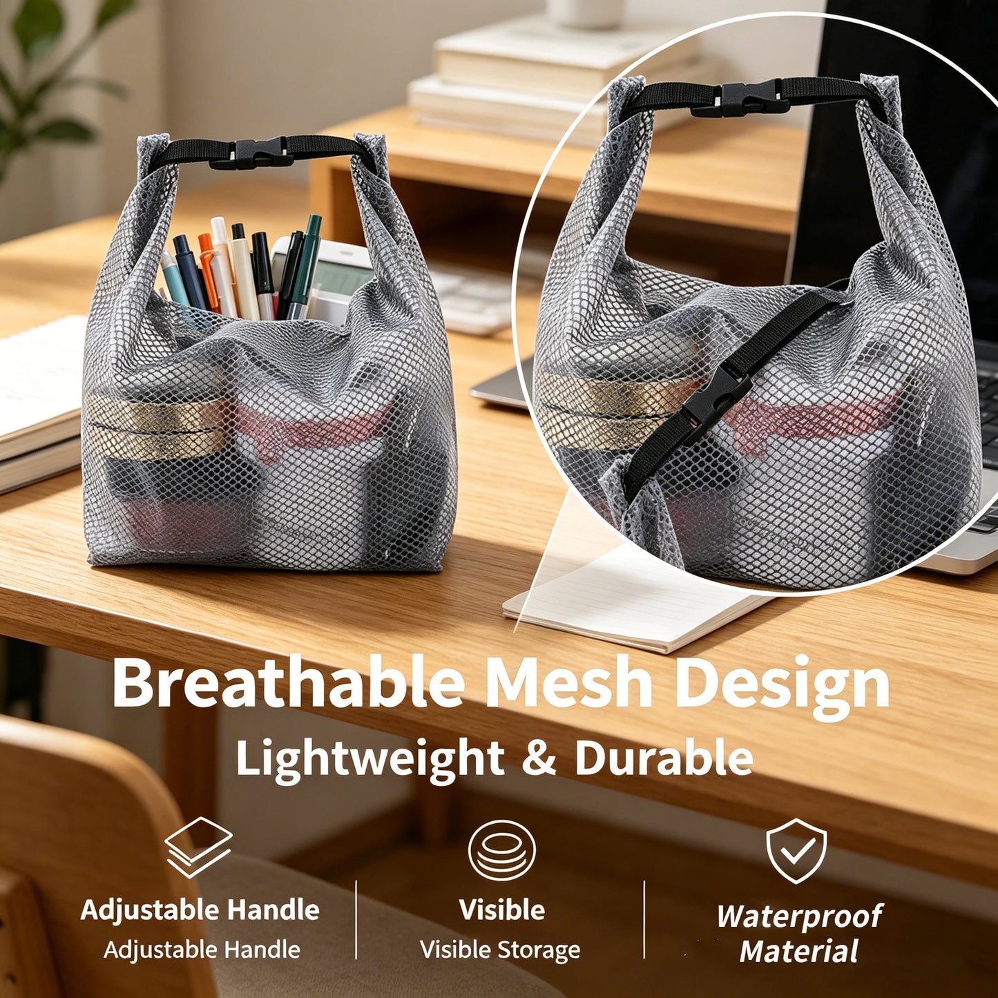Waterproof Mesh Toiletry Bag, Drawstring Cosmetic Organizer with Quick-Release Buckle, Transparent Pouch for Travel, Gym, and Ba