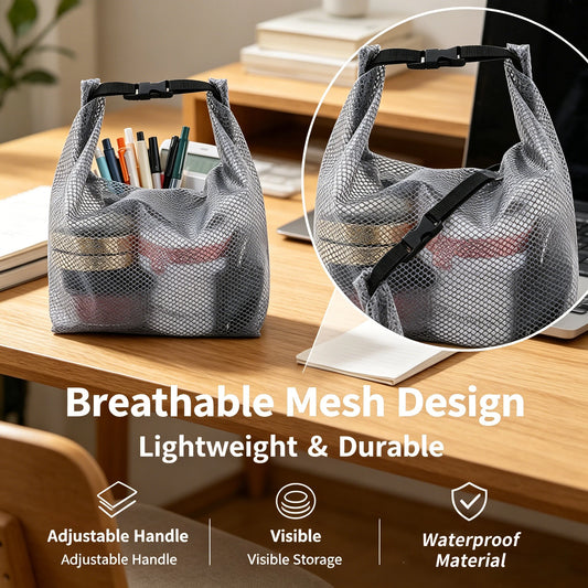 Waterproof Mesh Toiletry Bag, Drawstring Cosmetic Organizer with Quick-Release Buckle, Transparent Pouch for Travel, Gym, and Ba