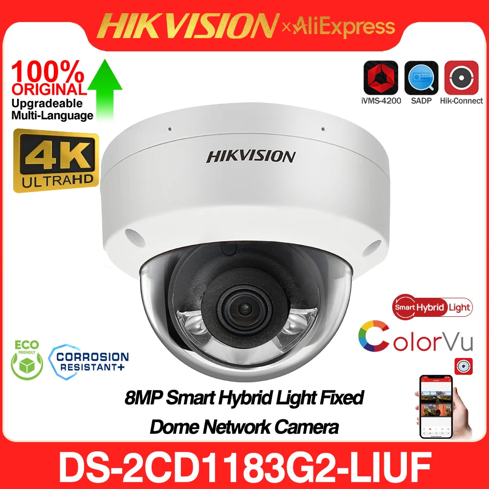 Original Hikvision DS-2CD1183G2-LIUF 4K 8MP ColorVu POE Smart Hybrid Light Fixed Dome Network Camera Built-in Mic IK08