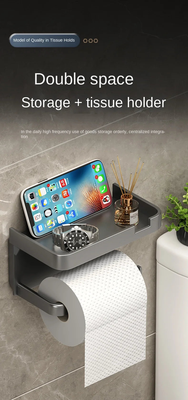 Bathroom Tissue Holder, No Drilling, Wall-Mounted Tissue Dispenser, Facial Tissue Storage Shelf, Toilet Paper Holder