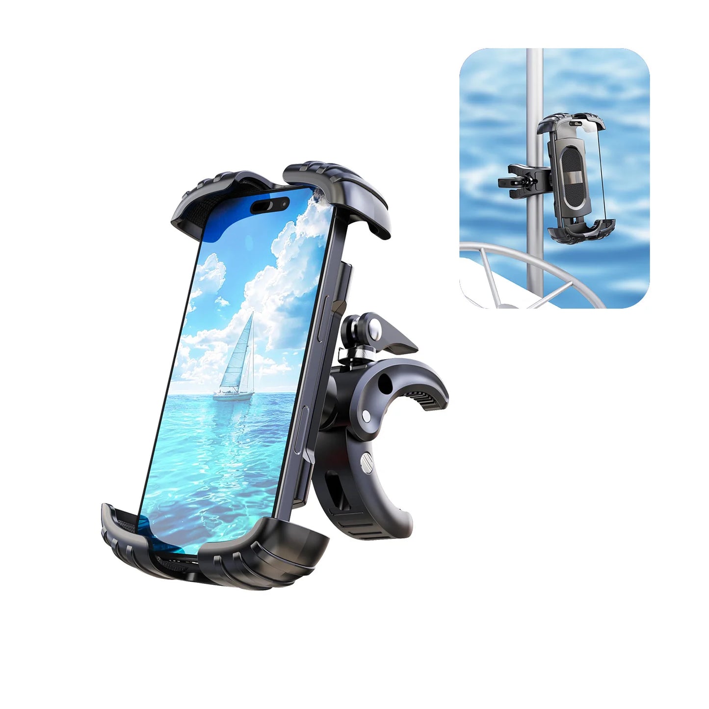LRBH Marine Phone Mount, Crocodile Clip Arm Boat Holder, Quick Lock 360° Rotation, Shockproof Scratch-Free, Fits 4.7-7.2" Phones