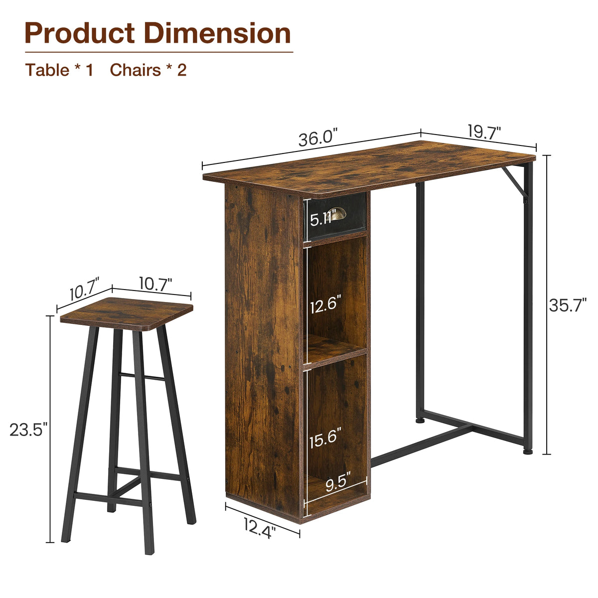 Versatile 3 Piece Dining Table Set with Storage Drawer & 3-Tier Shelf,Counter Height Table and 2 Barstools,Space-Saving