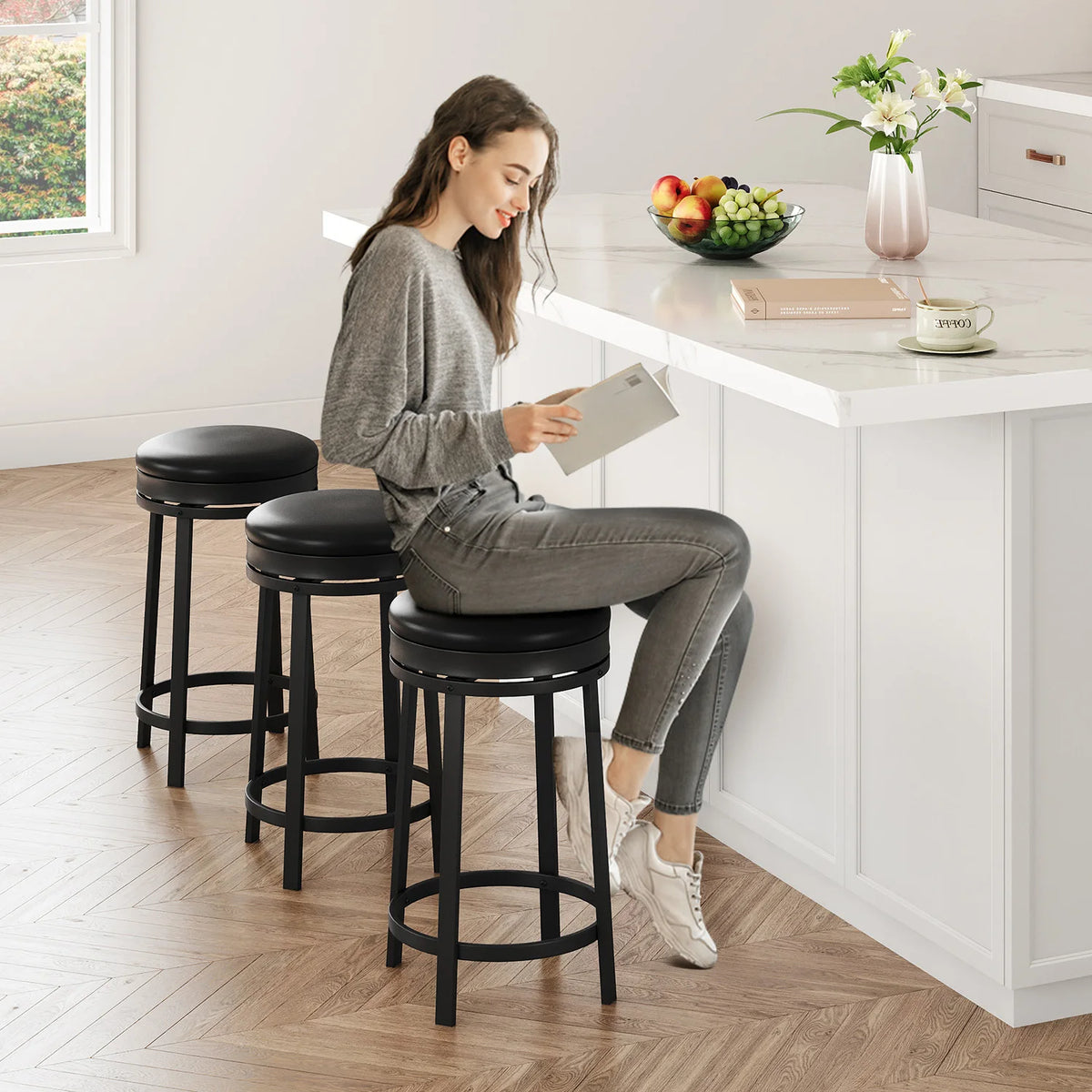24'' Swivel Bar Stools Backless Modern Counter Height Barstools with PU Leather Upholstered and Metal Frame for Kitchen Island