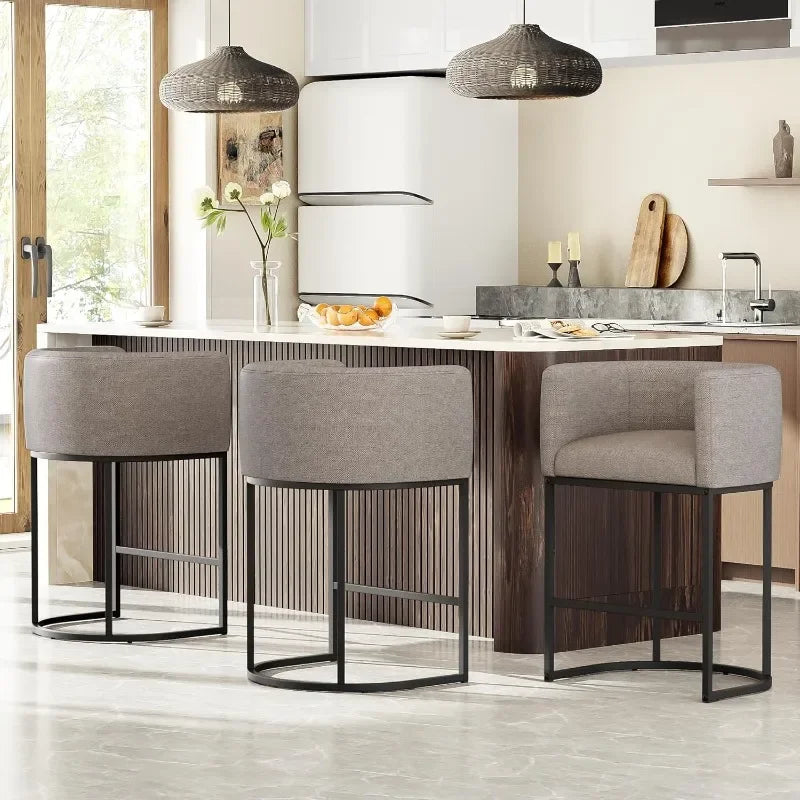 26" H Counter Height Bar Stools Modern Barrel Counter Stools with Backrest and Arms, Linen Fabric Upholstered Accent Barstools